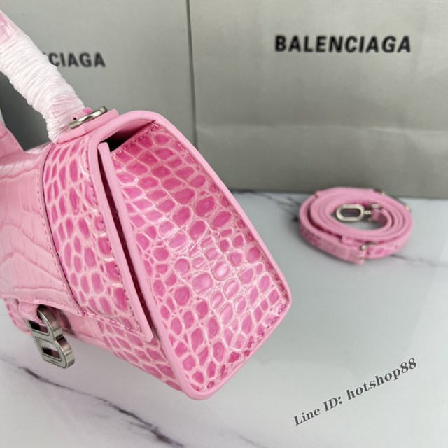 Balenciaga專櫃爆款櫻花粉鱷魚紋銀扣手提女包 巴黎世家原廠xs號Hourglass沙漏包 款號：8896 fyj1196